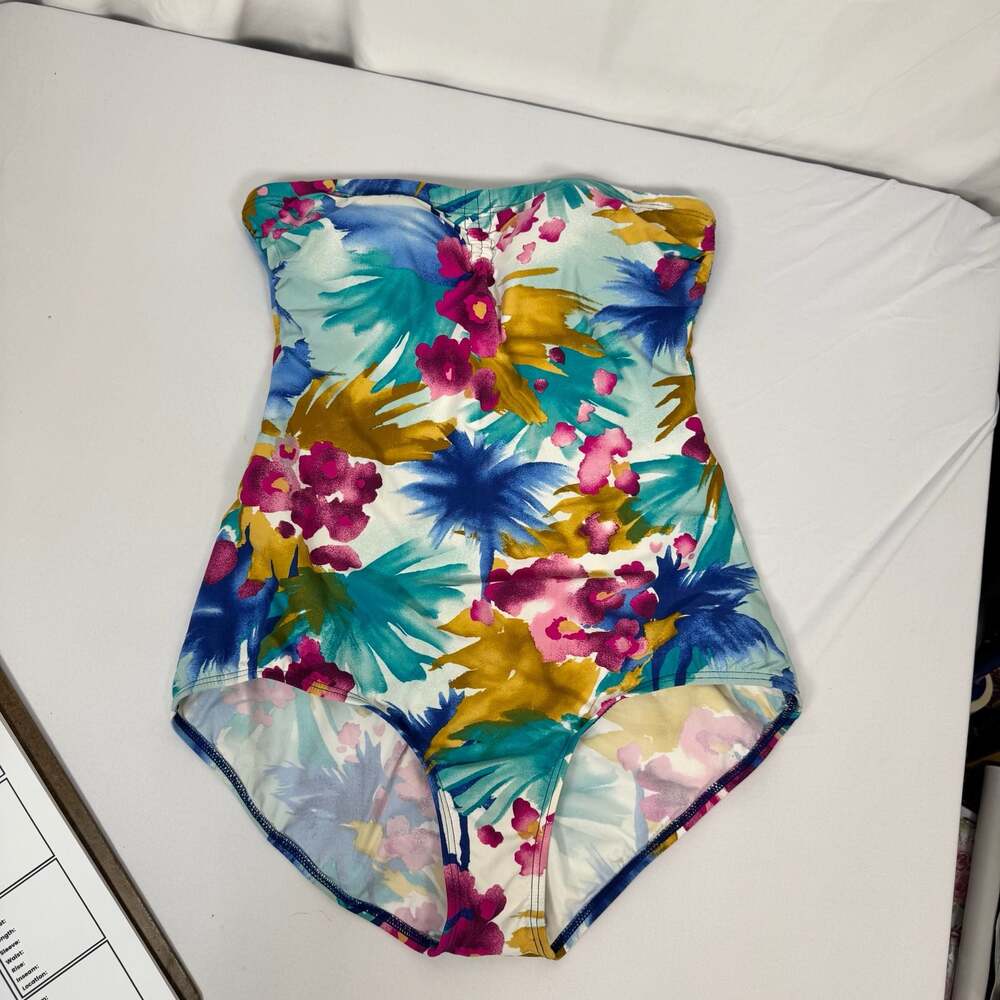 Jantzen Classics Tropical Floral Strapless Bandeau One-Piece Swimsuit Size 12